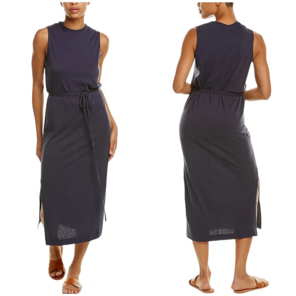 Vince NWT Sleeveless Pima Cotton Maxi Dress Size L Dark Blue Waist Cinching Tie